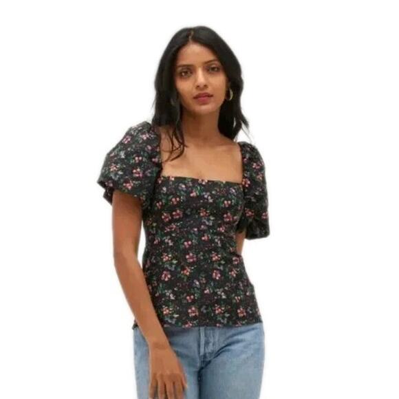 HILL HOUSE Matilda Top Berry Floral Taffeta Puff Sleeves Smocked Women's Small - Picture 1 of 6